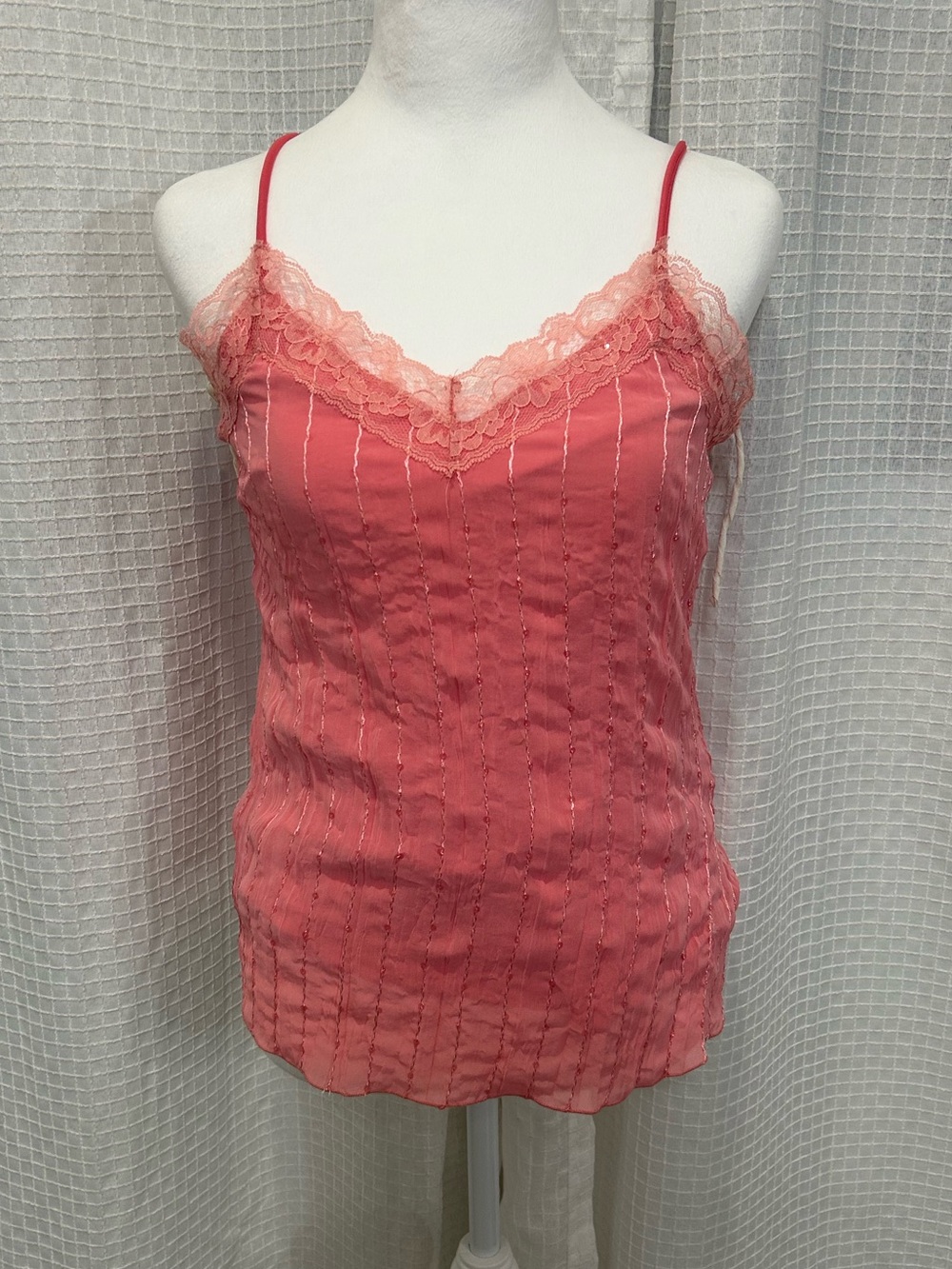 Suzy Shier Lace-Trim Pink Sequin Camisole Top